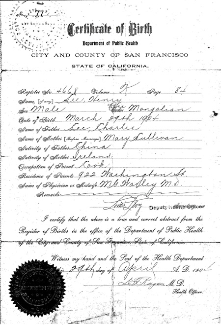 Birth Certificate for Lee Henry 1904