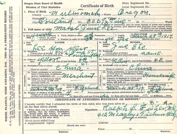 Mabel June Lee birth certificate