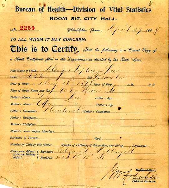 May Sephie Lee's 1898 birth certificate 