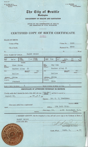 Chinn Harry Birth Cert 1922