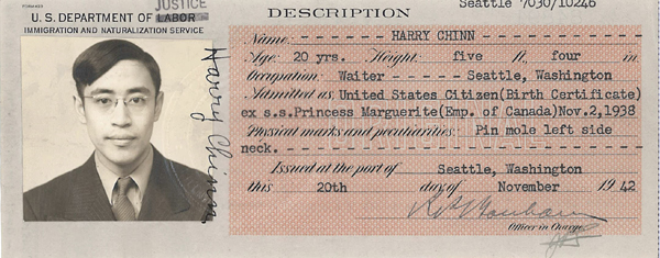 Harry Chinn – Certificate of Identity 